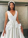 Ivory V-Neck Bow-Tie Wedding Dresses Satin Outdoor Bridal Gown VW2168-wedding dresses-Viniodress