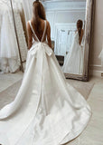 Ivory V-Neck Bow-Tie Wedding Dresses Satin Wide Strap Outdoor Bridal Gown VW2169-wedding dresses-Viniodress