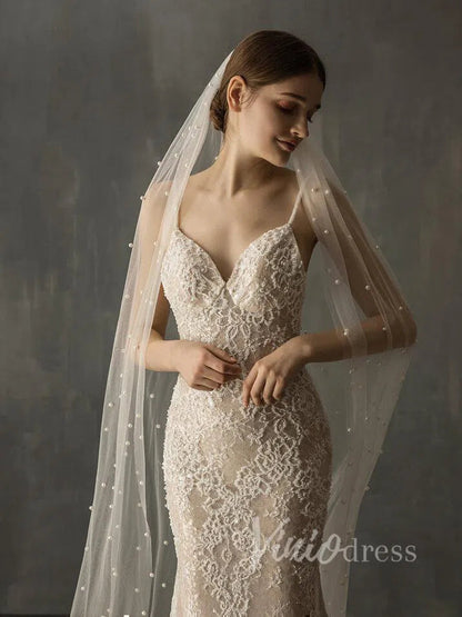 Ivory White Chapel Bridal Veils with Pearls AC1008-Bridal Veil 2025 -Viniodress-Ivory-Chapel/As Pictured-