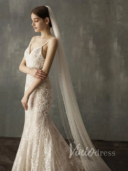 Ivory White Chapel Bridal Veils with Pearls AC1008-Bridal Veil 2025 -Viniodress-Ivory-Chapel/As Pictured-
