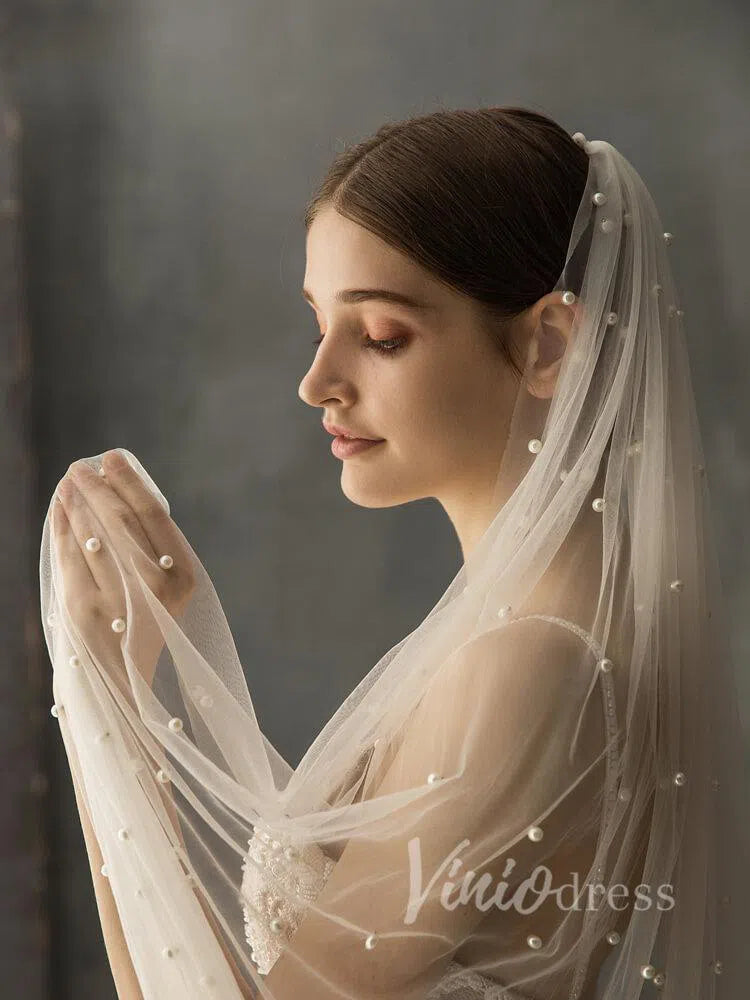Ivory White Chapel Bridal Veils with Pearls AC1008-Bridal Veil 2025 -Viniodress-Ivory-Chapel/As Pictured-