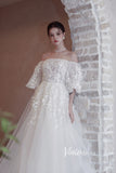 Ivory White Lace Applique Wedding Dresses Off the Shoulder Puffed Sleeve Bridal Dress VW2195-wedding dresses-Viniodress-Viniodress