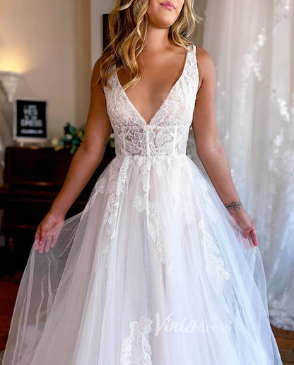 Ivory White Lace Applique Wedding Dresses Sheer Bodice V-Neck VW2211-wedding dresses 2025 -Viniodress-Ivory-Custom Size-
