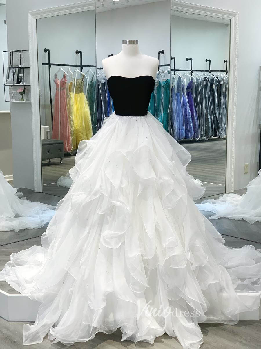 Ivory White Layered Ruffle Prom Dresses Strapless Velvet Bodice Evening Gown FD3049-prom dresses 2025 -Viniodress-White-Custom Size-