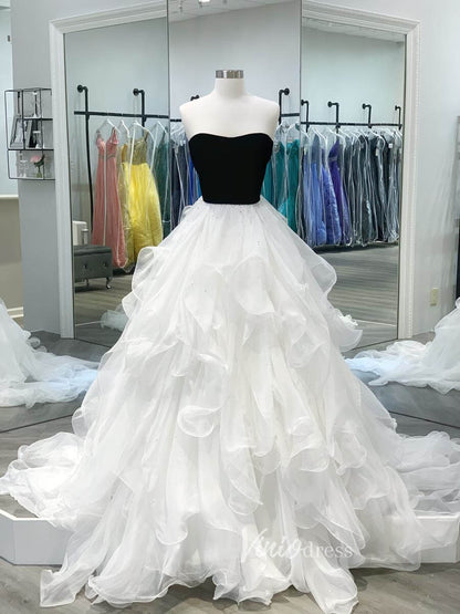 Ivory White Layered Ruffle Prom Dresses Strapless Velvet Bodice Evening Gown FD3049-prom dresses 2025 -Viniodress-White-Custom Size-