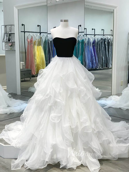 Ivory White Layered Ruffle Prom Dresses Strapless Velvet Bodice Evening Gown FD3049-prom dresses 2025 -Viniodress-White-Custom Size-