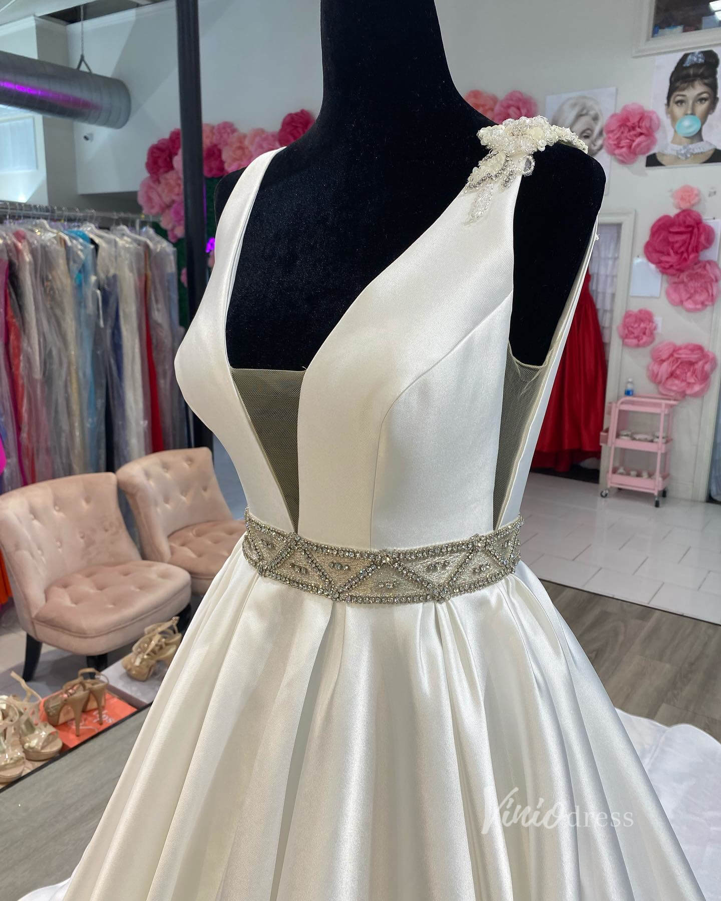 Ivory White Satin A-Line Wedding Dresses Plunging V-Neck Beaded Waist VW2222-wedding dresses 2025 -Viniodress-Ivory-Custom Size-