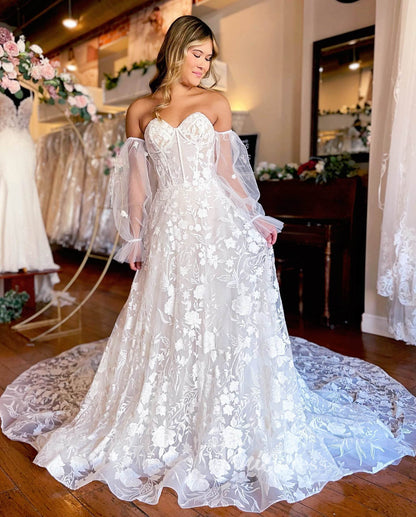 Ivory White Strapless Lace Applique Wedding Dresses Sheer Removable Sleeve VW2212-wedding dresses 2025 -Viniodress-Ivory-Custom Size-