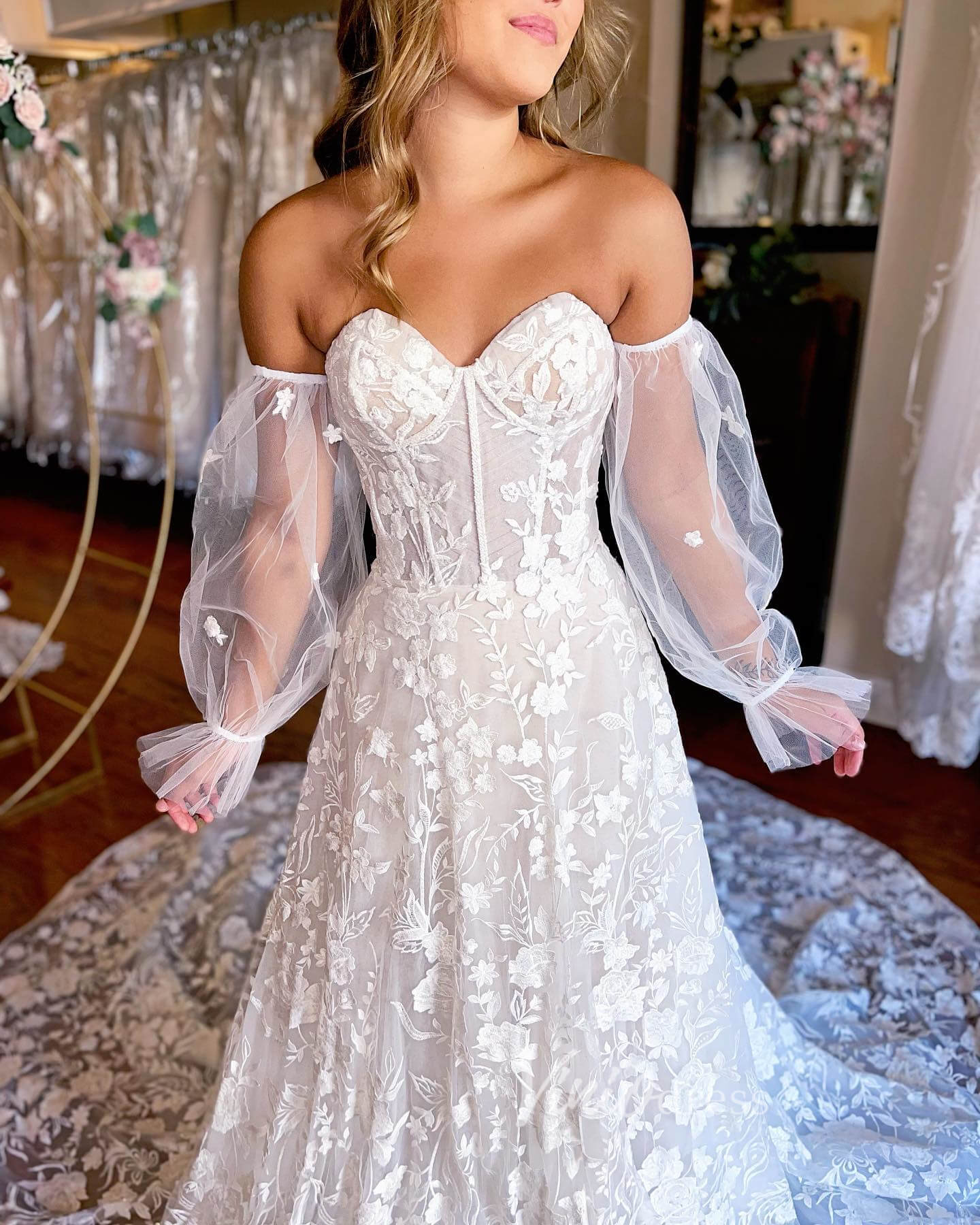 Ivory White Strapless Lace Applique Wedding Dresses Sheer Removable Sleeve VW2212-wedding dresses 2025 -Viniodress-Ivory-Custom Size-