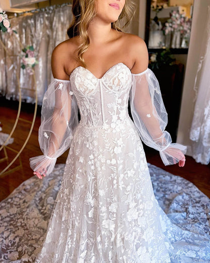 Ivory White Strapless Lace Applique Wedding Dresses Sheer Removable Sleeve VW2212-wedding dresses 2025 -Viniodress-Ivory-Custom Size-