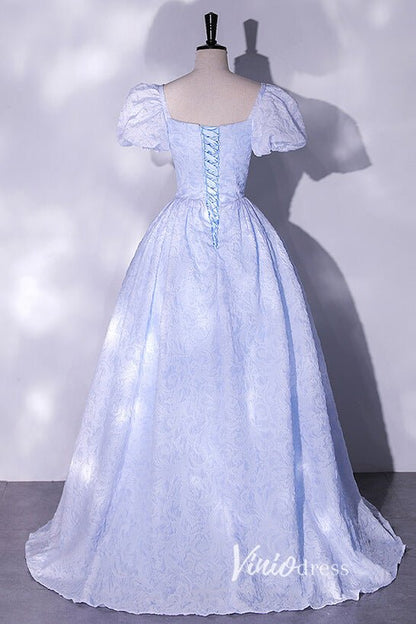 Jacquard Satin Prom Dresses Puffed Sleeve Formal Dress AD1033-prom dresses 2025 -Viniodress-Light Blue-Custom Size-