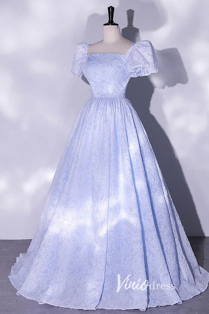 Jacquard Satin Prom Dresses Puffed Sleeve Formal Dress AD1033-prom dresses 2025 -Viniodress-Light Blue-Custom Size-