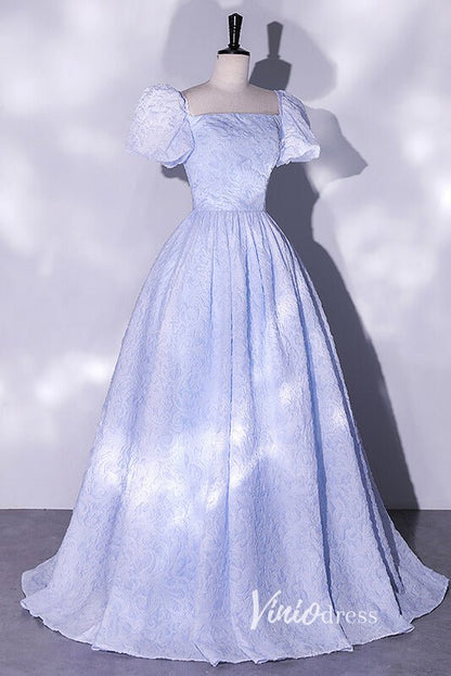 Jacquard Satin Prom Dresses Puffed Sleeve Formal Dress AD1033-prom dresses 2025 -Viniodress-Light Blue-Custom Size-