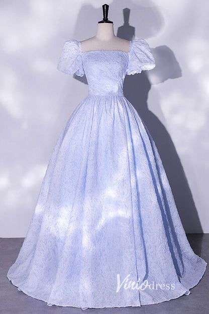 Jacquard Satin Prom Dresses Puffed Sleeve Formal Dress AD1033-prom dresses 2025 -Viniodress-Light Blue-Custom Size-