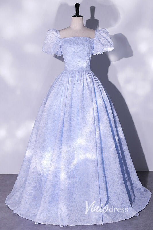 Jacquard Satin Prom Dresses Puffed Sleeve Formal Dress AD1033-prom dresses 2025 -Viniodress-Light Blue-Custom Size-