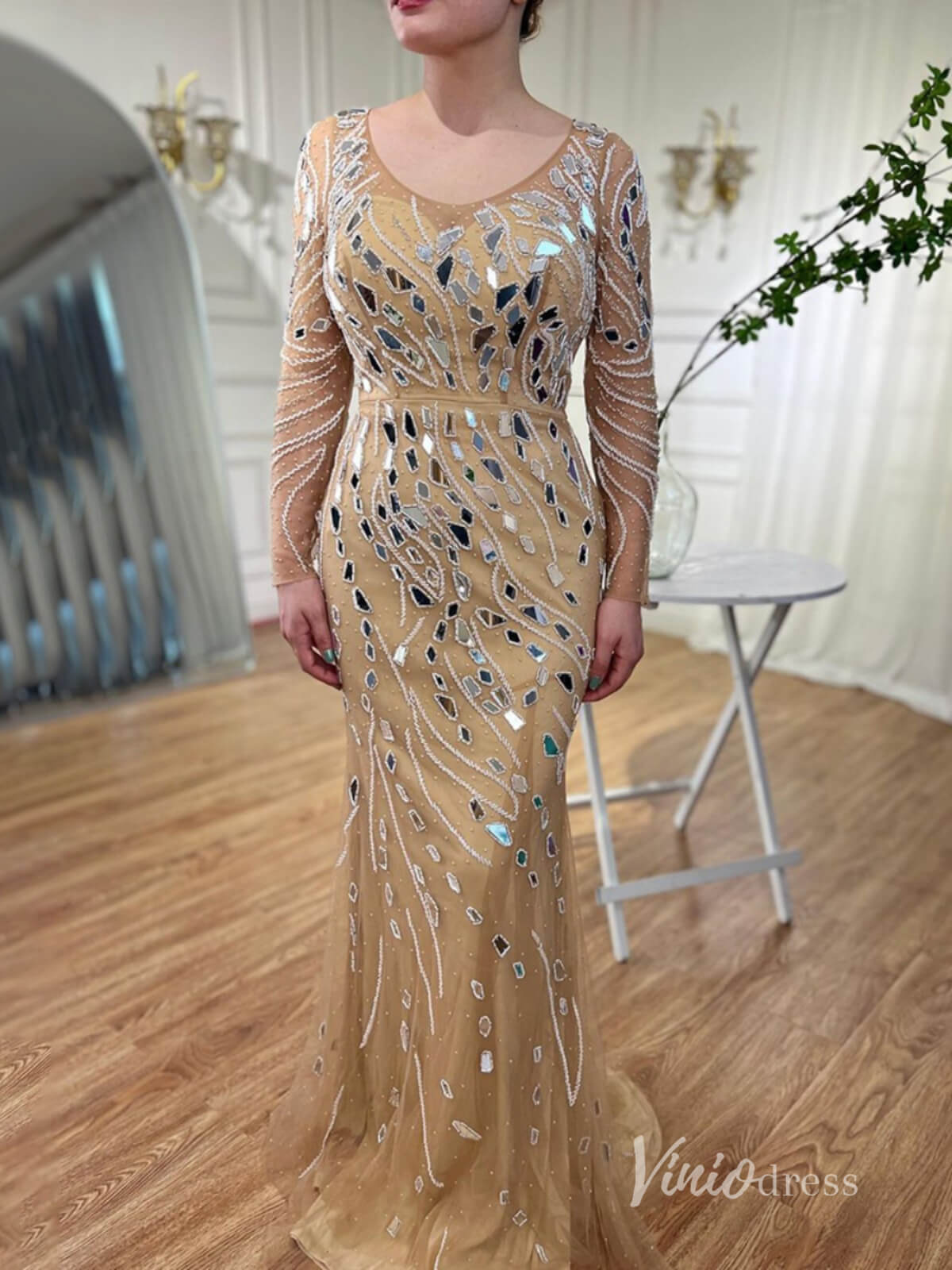 Khaki Beaded Long Sleeve Evening Dresses Mermaid Formal Dress AD1142-Evening Dresses 2025 -Viniodress-Khaki-US 2-