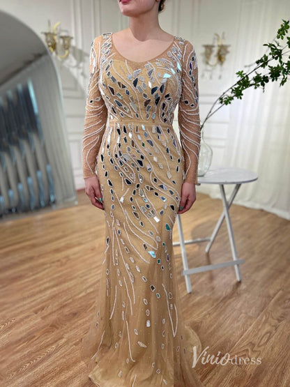Khaki Beaded Long Sleeve Evening Dresses Mermaid Formal Dress AD1142-Evening Dresses 2025 -Viniodress-Khaki-US 2-