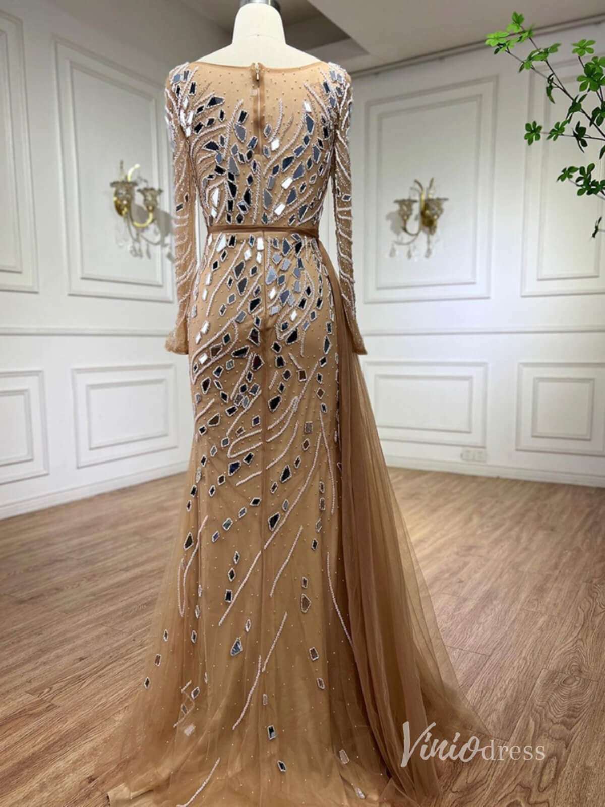 Khaki Beaded Long Sleeve Evening Dresses Mermaid Formal Dress AD1142-Evening Dresses 2025 -Viniodress-Khaki-US 2-