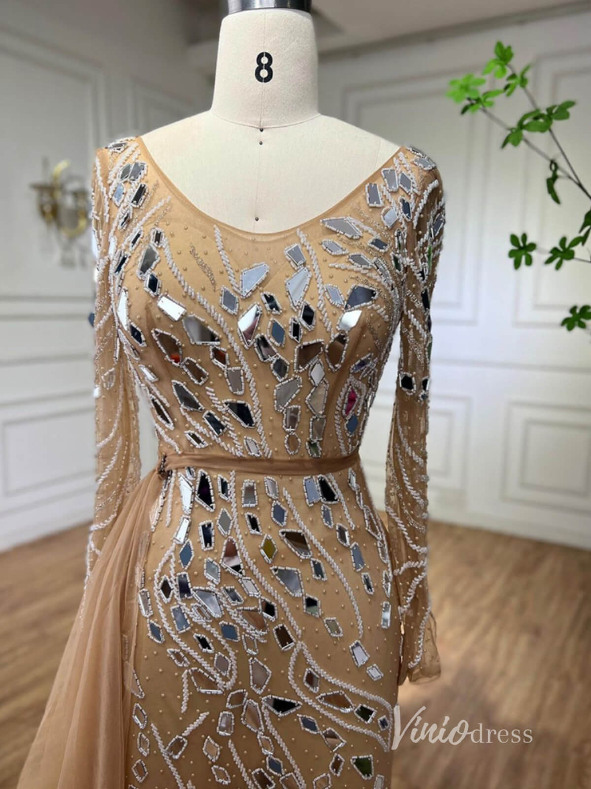 Khaki Beaded Long Sleeve Evening Dresses Mermaid Formal Dress AD1142-Evening Dresses 2025 -Viniodress-Khaki-US 2-