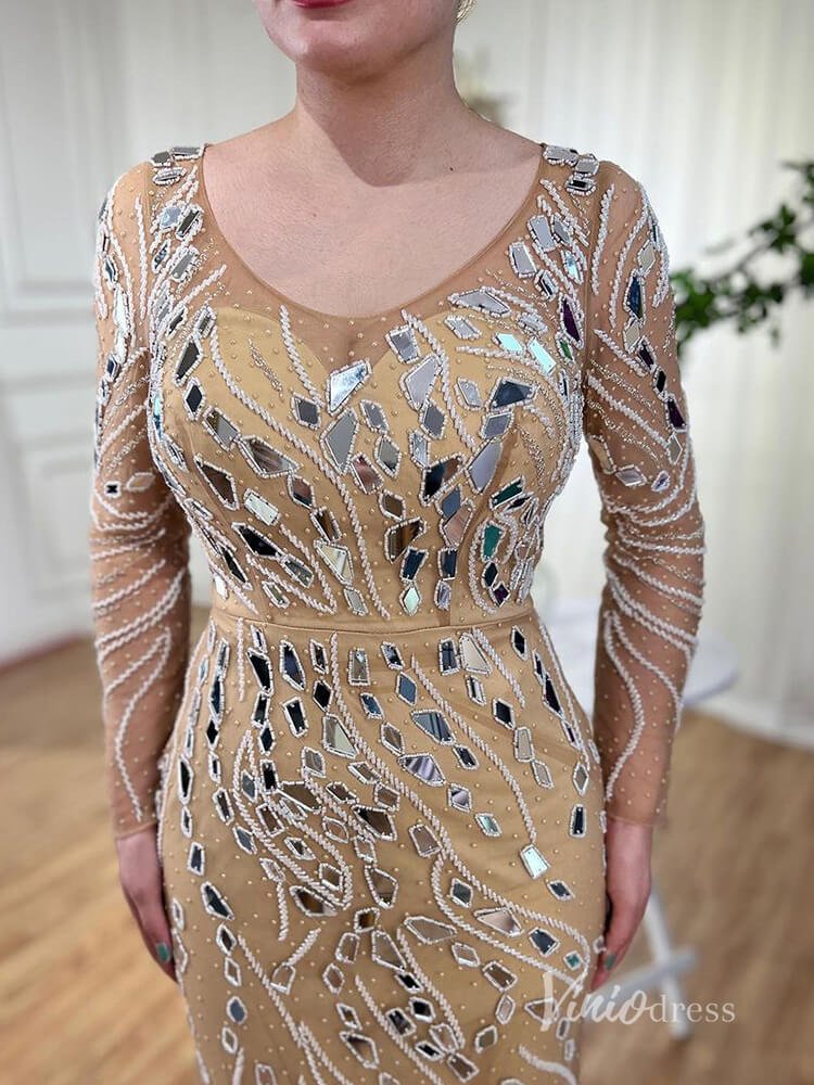 Khaki Beaded Long Sleeve Evening Dresses Mermaid Formal Dress AD1142-Evening Dresses 2025 -Viniodress-Khaki-US 2-