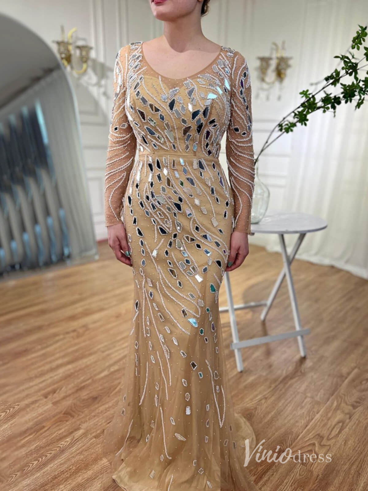 Khaki Beaded Long Sleeve Evening Dresses Mermaid Formal Dress AD1142 - ViniodressEvening DressesKhakiUS 2 - Formal Dresses - Ball Gowns