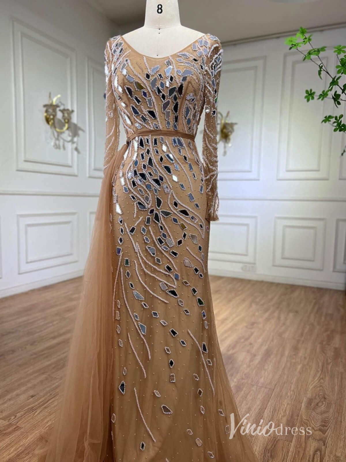 Khaki Beaded Long Sleeve Evening Dresses Mermaid Formal Dress AD1142 - ViniodressEvening DressesKhakiUS 2 - Formal Dresses - Ball Gowns