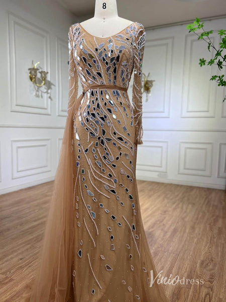 Khaki Beaded Long Sleeve Evening Dresses Mermaid Formal Dress AD1142 ...