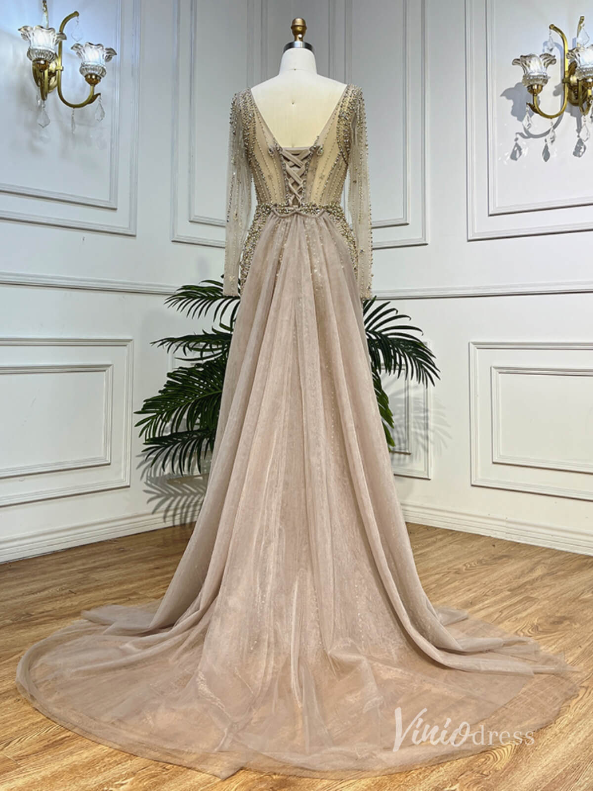 Khaki Beaded Long Sleeve Evening Dresses with Overskirt Mother of the Bride Dresses AD1124-Evening Dresses 2025 -Viniodress-Khaki-US 2-