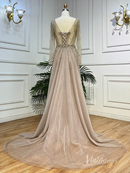 Khaki Beaded Long Sleeve Evening Dresses with Overskirt Mother of the Bride Dresses AD1124-Evening Dresses 2025 -Viniodress-Khaki-US 2-