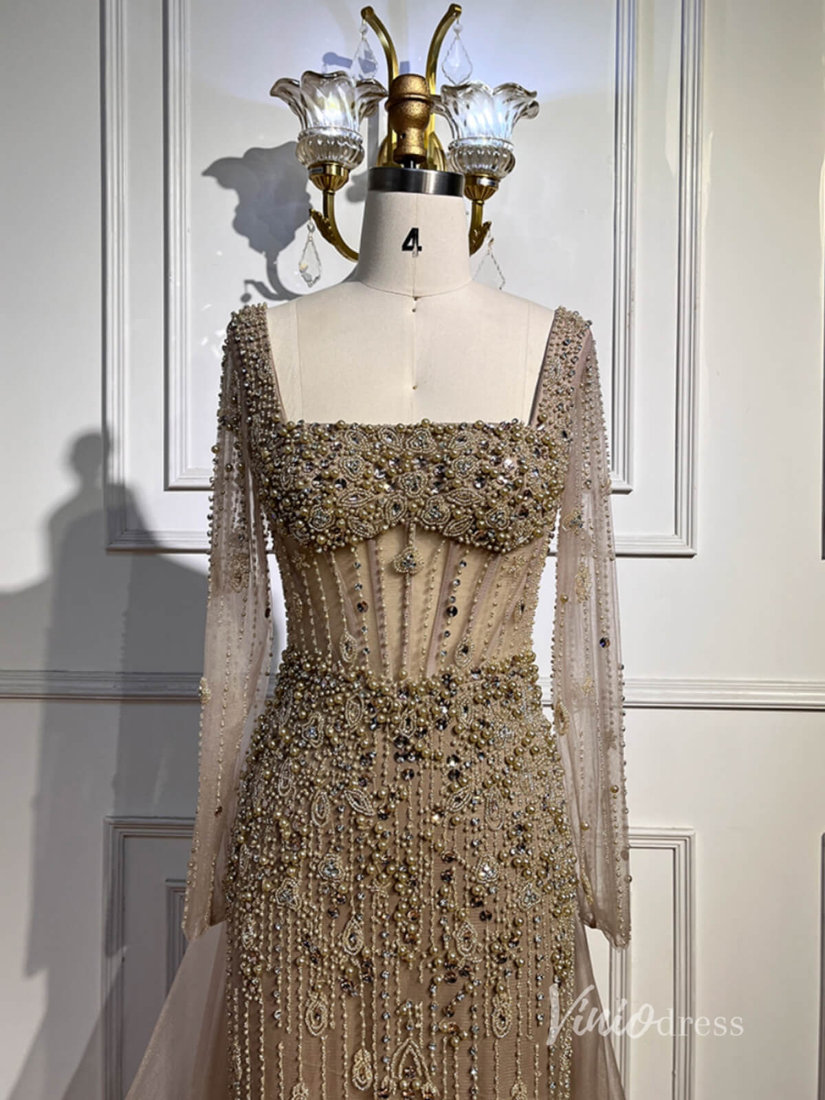 Khaki Beaded Long Sleeve Evening Dresses with Overskirt Mother of the Bride Dresses AD1124-Evening Dresses 2025 -Viniodress-Khaki-US 2-