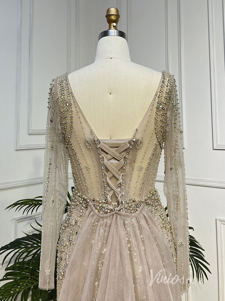 Khaki Beaded Long Sleeve Evening Dresses with Overskirt Mother of the Bride Dresses AD1124-Evening Dresses 2025 -Viniodress-Khaki-US 2-