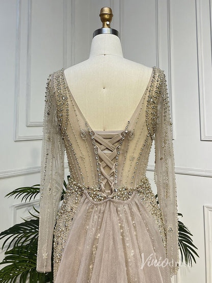 Khaki Beaded Long Sleeve Evening Dresses with Overskirt Mother of the Bride Dresses AD1124-Evening Dresses 2025 -Viniodress-Khaki-US 2-