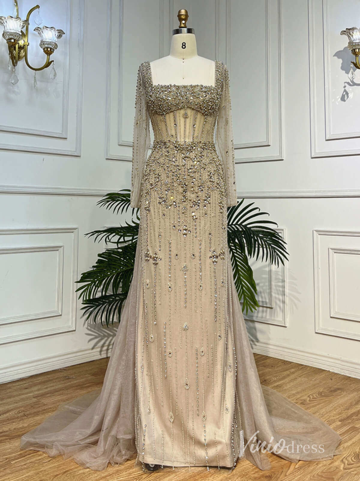 Khaki Beaded Long Sleeve Evening Dresses with Overskirt Mother of the Bride Dresses AD1124-prom dresses-Viniodress-Khaki-US 2-Viniodress