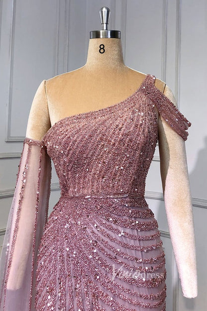 Khaki Beaded Mermaid Pageant Dresses One Shoulder Prom Dress FD3025-Evening Dresses 2025 -Viniodress-Khaki-US 2-