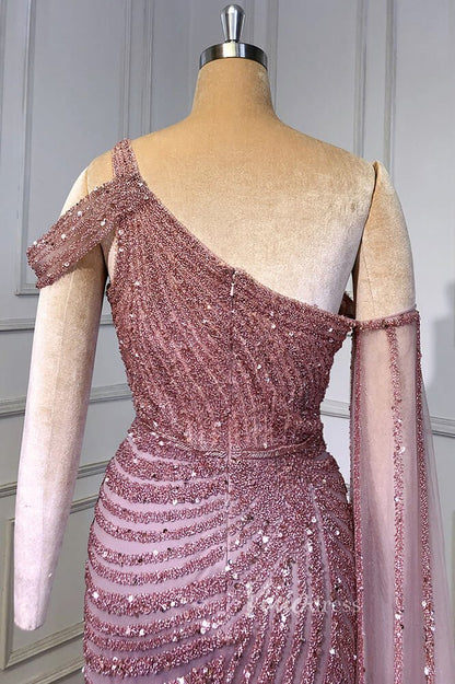 Khaki Beaded Mermaid Pageant Dresses One Shoulder Prom Dress FD3025-Evening Dresses 2025 -Viniodress-Khaki-US 2-