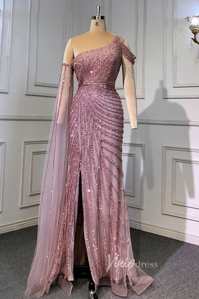 Khaki Beaded Mermaid Pageant Dresses One Shoulder Prom Dress FD3025-Evening Dresses 2025 -Viniodress-Pink-US 2-