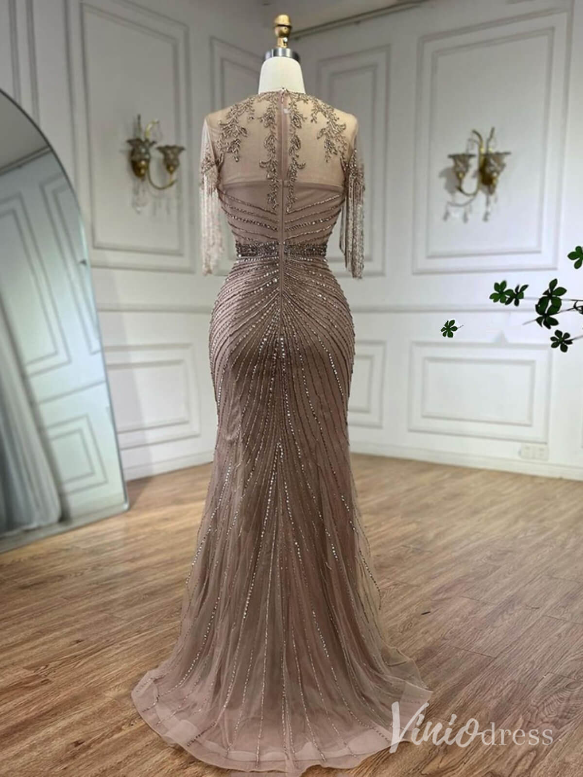 Khaki Beaded Mermaid Prom Dresses Short Sleeve Beaded String Pageant Dress AD1247-Evening Dresses 2025 -Viniodress-Khaki-US 2-