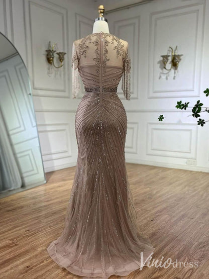 Khaki Beaded Mermaid Prom Dresses Short Sleeve Beaded String Pageant Dress AD1247-Evening Dresses 2025 -Viniodress-Khaki-US 2-