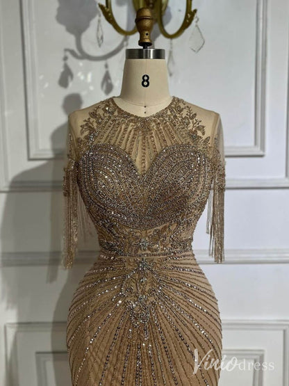 Khaki Beaded Mermaid Prom Dresses Short Sleeve Beaded String Pageant Dress AD1247-Evening Dresses 2025 -Viniodress-Khaki-US 2-