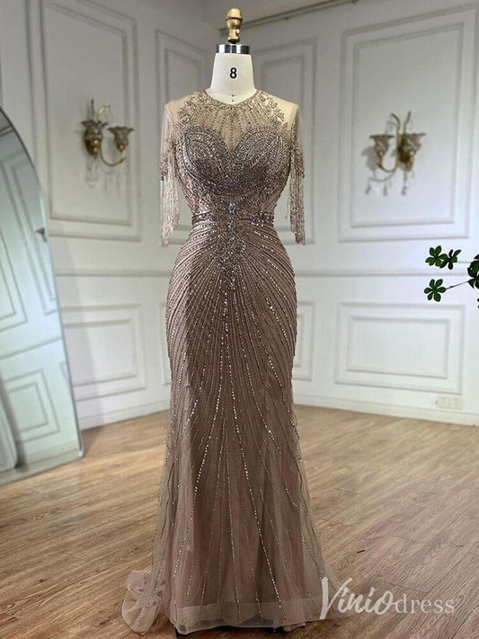 Khaki Beaded Mermaid Prom Dresses Short Sleeve Beaded String Pageant Dress AD1247-Evening Dresses 2025 -Viniodress-Khaki-US 2-