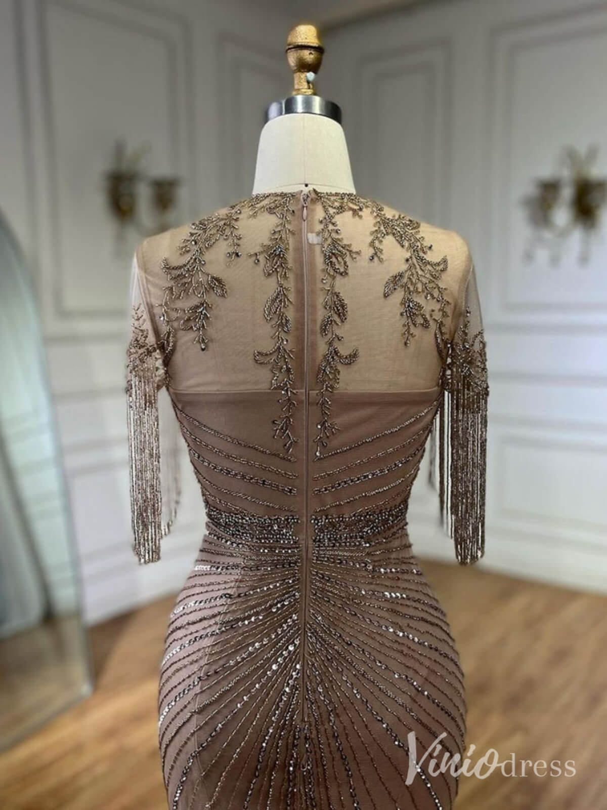 Khaki Beaded Mermaid Prom Dresses Short Sleeve Beaded String Pageant Dress AD1247-Evening Dresses 2025 -Viniodress-Khaki-US 2-
