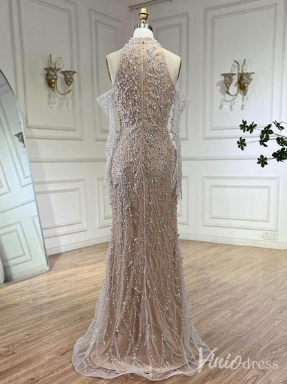 Khaki Beaded Removable Sleeve Prom Dresses Mermaid High Neck 20s Evening Gown 20227-Evening Dresses 2025 -Viniodress-Khaki-US 2-
