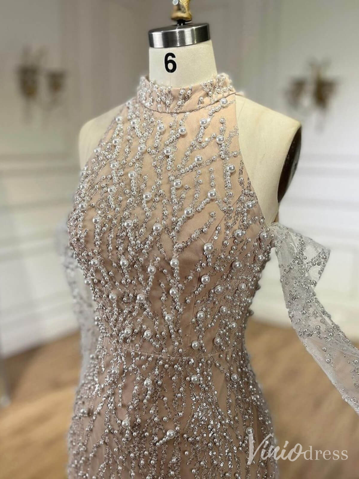 Khaki Beaded Removable Sleeve Prom Dresses Mermaid High Neck 20s Evening Gown 20227-Evening Dresses 2025 -Viniodress-Khaki-US 2-