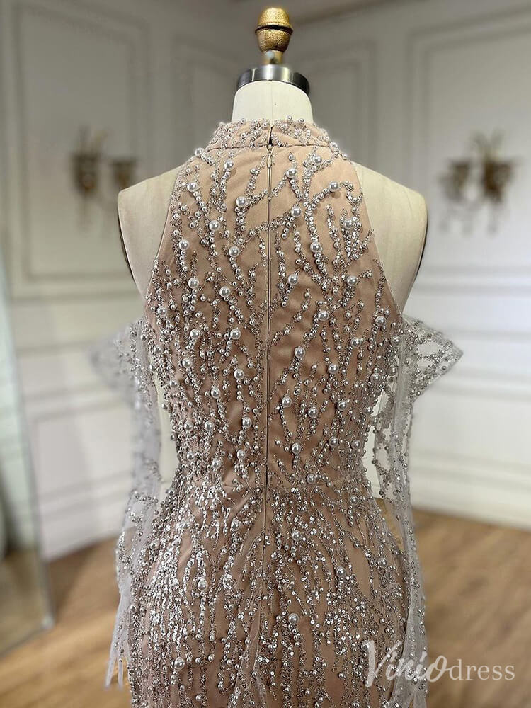 Khaki Beaded Removable Sleeve Prom Dresses Mermaid High Neck 20s Evening Gown 20227-Evening Dresses 2025 -Viniodress-Khaki-US 2-
