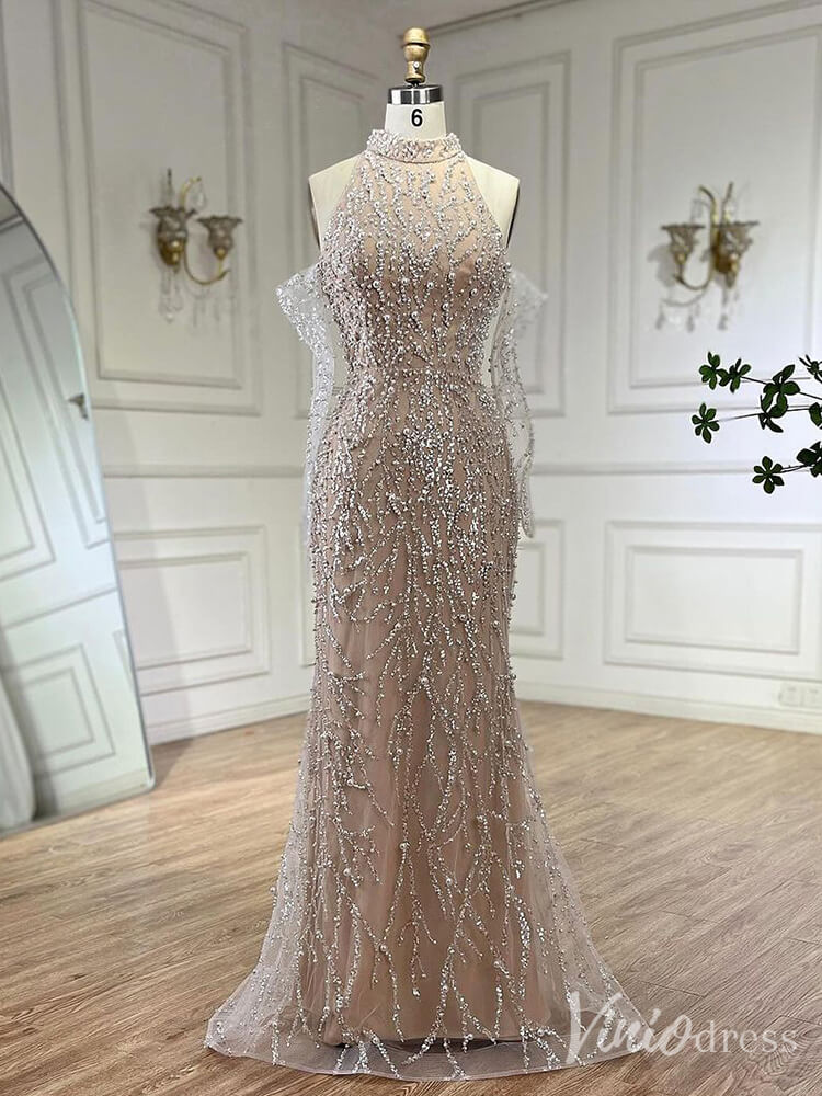 Khaki Beaded Removable Sleeve Prom Dresses Mermaid High Neck 20s Evening Gown 20227-Evening Dresses 2025 -Viniodress-Khaki-US 2-