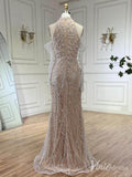 Khaki Beaded Removable Sleeve Prom Dresses Mermaid High Neck 20s Evening Gown 20227-prom dresses-Viniodress-Viniodress