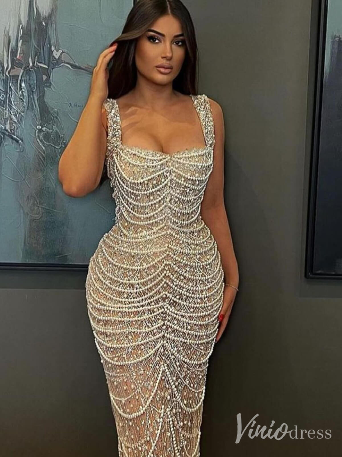 Khaki Beaded String Mermaid Prom Dresses Square Neck Pageant Dress 20220-Evening Dresses 2025 -Viniodress-Khaki-US 2-