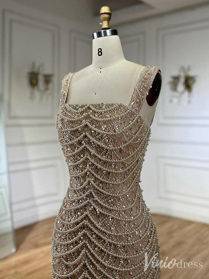Khaki Beaded String Mermaid Prom Dresses Square Neck Pageant Dress 20220-Evening Dresses 2025 -Viniodress-Khaki-US 2-
