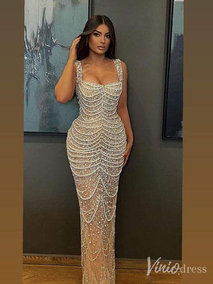 Khaki Beaded String Mermaid Prom Dresses Square Neck Pageant Dress 20220-Evening Dresses 2025 -Viniodress-Khaki-US 2-