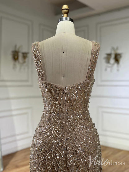 Khaki Beaded String Mermaid Prom Dresses Square Neck Pageant Dress 20220-Evening Dresses 2025 -Viniodress-Khaki-US 2-